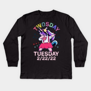 Unicorn Dabbing Tuesday February 22nd Teacher - Happy Twosday 2022 Kids Long Sleeve T-Shirt